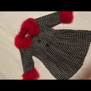 Black and white plaid red fur Peplum Pea Coat
